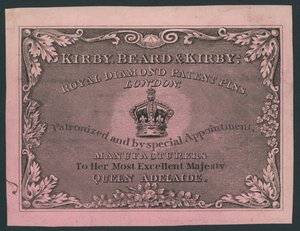 Kirby, Beard és Kirby, Royal Diamond Patent Pins, kereskedelmi kártya alkotó: English School
