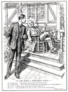 LLoyd George és Bonar Law az 1920. februári általános választás lehetőségéről tárgyal alkotó: English School