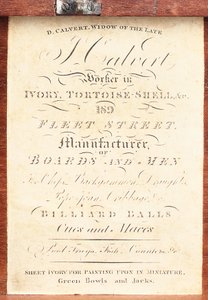 Címke egy angol "Calvert" mintájú, elefántcsontból esztergált sakk-készlet dobozán, 1826-50 körül (nyomtatás). alkotó: English School