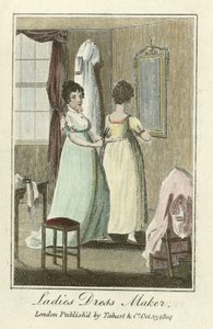 Női ruhakészítő, kocsma. 1804 (kézzel színezett metszet) alkotó: English School