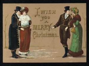 Hölgyek és urak téli ruhájukban, karácsonyi üdvözlőlap. (chromolitho) alkotó: English School