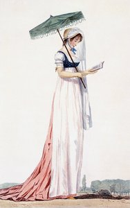 Női elegáns nyári ruha napernyővel, Delacourt, 1770 (színes gravírozás) alkotó: English School