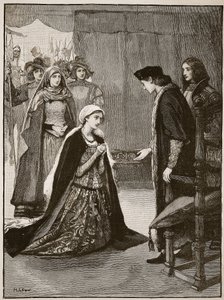 Lady Catherine Gordon VII. Henry előtt, illusztráció a Cassells Illustrated History of Englandből (szépia fotó) alkotó: English School