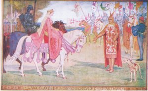 Lancelot elhozza Gueneverét Arthurnak, a Longmans Green and Co által kiadott „The Book of Romance” illusztrációját. alkotó: English School