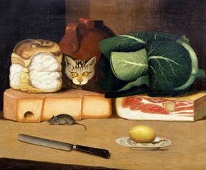 Tárcsás csendélet egérre vadászó macskával, 1840 körül