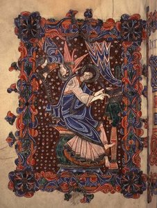 Lat 14782 f.16v Szent Máté írja evangéliumát, 1080 körül (pergamen) alkotó: English School
