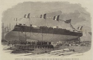 Az olasz király számára épített Affondatore, vasborítású kupola fregatt felbocsátása Millwallban, 1865 alkotó: English School