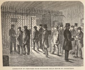 Foglyok felszabadítása a Coldbath Fields House of Correction-ből, illusztráció a The Criminal Prisons of Londonból és Jelenetek a börtönéletből Henry Mayhew és John Binny, pub. 1862 alkotó: English School