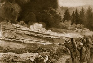 Folyékony tűz, először a németek alkalmazták, a szövetségesek sikeresen átvették, 1914-1919 alkotó: English School
