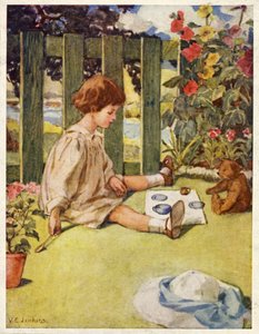 Kislány teázni játszik a kertben a mackójával (színes litó) alkotó: English School