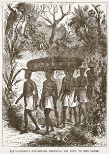 Livingstones követői elhozzák a testét a tengerpartra, illusztráció a The Pictorial Edition of the Life and Discoveries of David Livingstone-ból, J. Ewing Richie, pub. A. Fullarton & Co., 1876 (l alkotó: English School