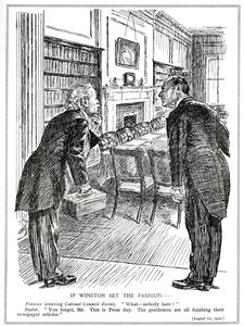 Lloyd George belép egy kabinetszobába, ahol nincsenek miniszterek, akik cikkeket írnak az újságokba, 1920. augusztus alkotó: English School