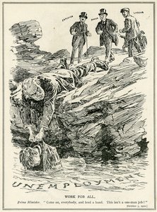 Lloyd George azt mondja a munkaadóknak, bankároknak és munkásoknak, hogy működjenek együtt a munkanélküliség legyőzése érdekében, 1921 alkotó: English School