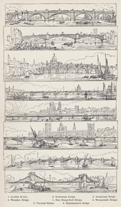 London Bridge, Southwark Bridge, Blackfriars Bridge, Waterloo Bridge, New Hungerford Bridge, Westminster Bridge, Vauxhall Bridge, Hammersmith Bridge (metszet) alkotó: English School