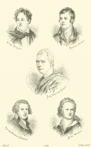 Lord Byron, Robert Burns, Sir Walter Scott, Richard Brinsley Sheridan, John Wilson alkotó: English School