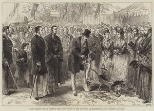 Lord Ernest Bruce megfordítja a swindoni, marlborough-i és andoveri vasút első gyepét (metszet) alkotó: English School