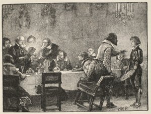 Lord Monteagle és a lőporos összeesküvésről szóló figyelmeztető levél, a Cassells Illustrated History of England illusztrációja (szépia fotó) alkotó: English School