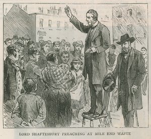Lord Shaftesbury predigt am Mile End Waste, London von English School