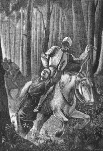Luthert álarcos lovasok támadták meg a türingiai erdőben, illusztráció: James Aitken Wylie (1808-1890) A protestantizmus története című könyvéből, pub. 1878 alkotó: English School