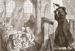 Luther prédikál a wittenbergi régi fatemplomban, illusztráció: James Aitken Wylie (1808-1890) A protestantizmus története című könyvéből, kocsma. 1878 alkotó: English School