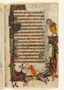 MS 1-2005, fol. 133r: Egy íjász és Keresztelő Szent János, marginális díszítés a Macclesfield Zsoltárból, Sarum használata, East Anglia, 1330 körül alkotó: English School