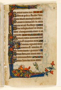 MS 1-2005, fol. 134r: Egy róka menekül a farmerek feleségének kacsájával, szélső díszítés a Macclesfield Zsoltárból, Sarum használata, East Anglia, 1330 körül alkotó: English School