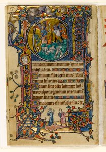 MS 1-2005, fol. 139v: Az Angyali üdvözlet a pásztoroknak, történeti kezdetű Macclesfield Psalter, Sarum használata, Kelet-Anglia, 1330 körül alkotó: English School