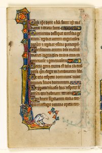 MS 1-2005, fol. 47v: Groteszk, marginális díszítés a Macclesfield Zsoltárból, Use of Sarum, East Anglia, 1330 körül alkotó: English School