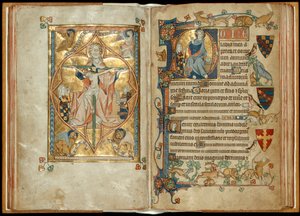 MS 242 f. 28v-29r Az irgalmasság trónja patrónusokkal, Krisztus-áldás patrónussal, 1314-30 körül (aranylevél és tempera pergamenen) alkotó: English School