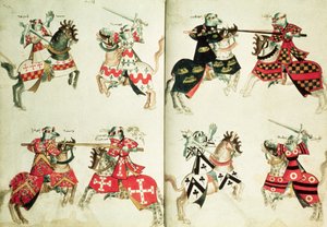 MS Harley 4205 fol.31v-32 Lovagló lovagok heraldikai emblémákkal (vellum) alkotó: English School