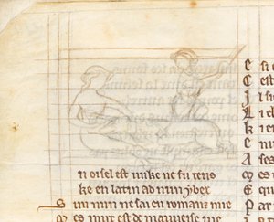 MS McClean 123 f.40v Alárajzolás miniatűrhöz, amely egy vadászt egy szűz ölében meztelenül fekvő egyszarvú elkapását ábrázolja, a 