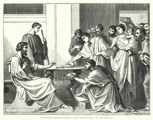A macedón keresztények Pálra szorítják ajándékaikat, II. Korinthus VIII alkotó: English School