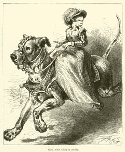 Mademoiselle Minie a kutyáján lovagol (metszet) alkotó: English School