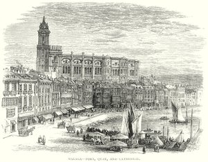 Malaga - kikötő, rakpart és katedrális (metszet) alkotó: English School