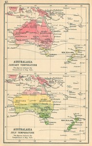 Térkép: Ausztrálázsia, január Hőmérséklet, július Hőmérséklet (színes litho) alkotó: English School