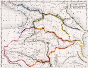 Örményország, Kolchisz, Ibéria és Albánia térképe, Samuel Butler „Az ókori földrajz atlasza” című művéből, Londonban, 1829 körül (színes litho)