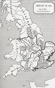 Nagy-Britannia térképe 665-ben, a Northumbriai Királyság 588-tól 685-ig, J. R. Green „A Short History of the English People” című könyvében, 1893-ban.