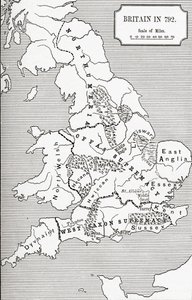 Nagy-Britannia 792-es térképe, a The Three Kingdoms 685-től 828-ig, J. R. Green „A Short History of the English People” című könyvében, 1893-ban.