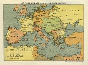 Közép-Európa és a Földközi-tenger térképe, a "The History of the Great European War, Vol. III" (nyomtatás) című kötetből. alkotó: English School