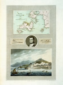 Elba térképe és Porto Ferraio látképe Napóleon portréjával és aláírásának fakszimile, 1815 (színes metszet) alkotó: English School