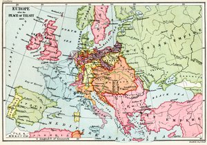 Európa térképe az 1807-es tilsiti béke után, J. R. Green „Az angol nép rövid története” című művéből, 1893-ban