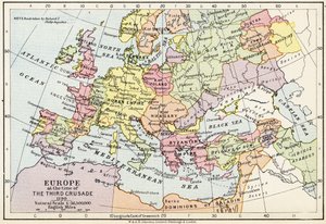 Európa térképe a harmadik keresztes hadjárat idején, 1190, a W. und A.K. által kiadott Történelmi atlaszból. Johnston Limited, 1911