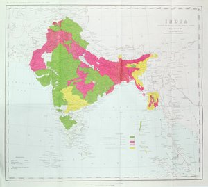 India térképe, amely a birodalmi felmérések előrehaladását mutatja, H. R. Thuillier, R. E. ezredes, India főfelmérője irányítása alatt, 1888.