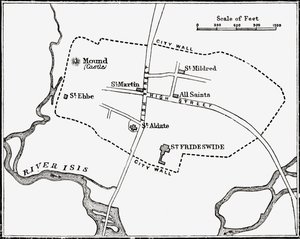 Oxford (Anglia) térképe, 12-13. század, J. R. Green „Az angol nép rövid története” című művéből, 1893-ban alkotó: English School