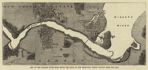 A Niagara-folyó térképe a vízesés fölött az örvényig, ahol Webb kapitány elveszett (metszet) alkotó: English School