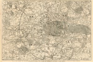 A Charing Cross 6 mérföldes körzetében lévő fizetőkapukat és főbb rácsokat ábrázoló térkép, amelyet Lord Palmerstonnak állított ki az Útdíjreform Bizottság