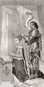 Dán Margit Dánia védőszentjével, Szent Kánuttal, mögötte a keresztes hadjáratok keresztjét ábrázoló transzparenst tart. Dán Margit alkotó: English School