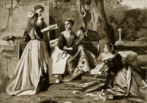 Mária skót királynő egy kolostor kertjében, illusztráció a Hutchinsons Story of the British Nationből, 1923 körül alkotó: English School