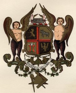 Szabadkőműves karok, egy festett panel után a W.H.Y. Rylands, The History of Freemasonry, II. kötet, kiadó: Thomas C. Jack, London, 1883 alkotó: English School