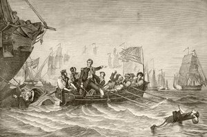 Oliver Hazard Perry főparancsnok átigazol az amerikai Brig Lawrence-től az amerikai Brig Niagrához az Erie-tói csata során (litho) alkotó: English School